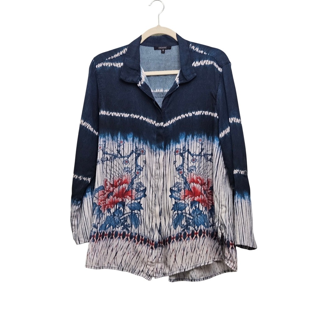 Dressori Button Up Women M Blue Floral Silk Shibori Art To Wear Asian Inspired